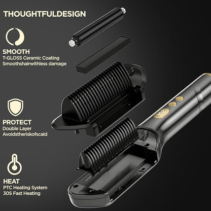 Hair Straightener Brush, Upgraded Ionic Hair Straightener Comb with Oil-Infused, Anti-Frizz Ceramic, Anti-Scald, 9 Temp Settings & LED Display, Dual Voltage, Straightening Brush for All Types