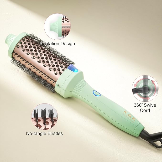 K&K Pro Thermal Brush Creates Blowout Look, 1 3/4 Inch Ionic Heated Round Comb Makes Hair Smoother, Dual Voltage, Thermal Round Brush Effortlessly Achieves Gorgeous Curls, 30S Fast Heating
