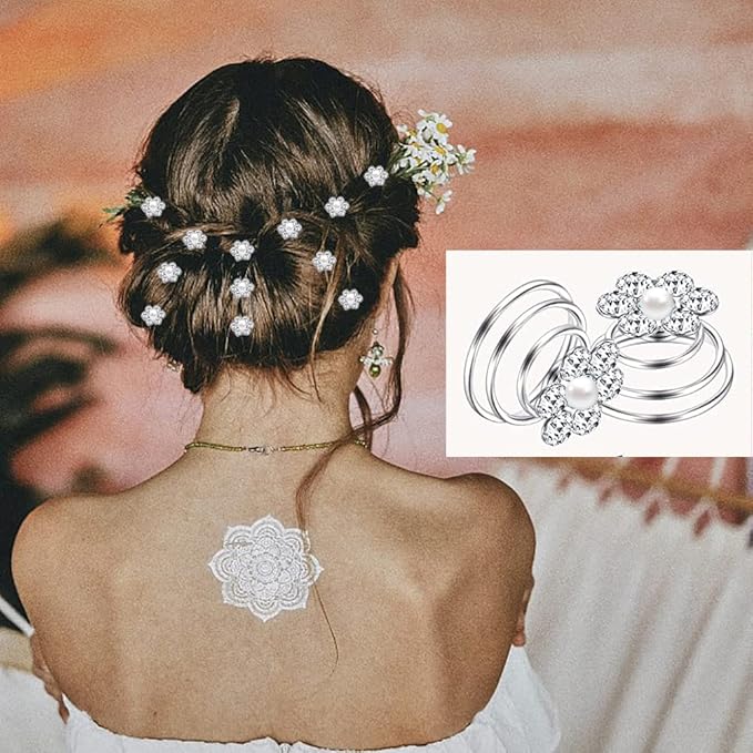 60 PCS 4 Shapes Gems Rhinestone Twister Hair Studs Set Diamond Spiral Pearl Flower Jewels Hair Pins Sticks for Wedding, Bridal, Prom, Party and Special Occasion, Pearl