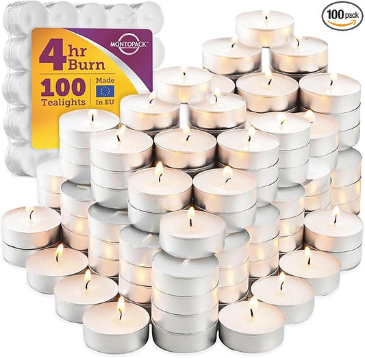 MontoPack Unscented Tea Light Candles 100 Pack | 4 hours, White, Smokeless, Dripless Small Votive Paraffin Tealights | Long-Lasting for Home, Shabbat, Weddings, Events, Emergencies | Mini Candles Bulk