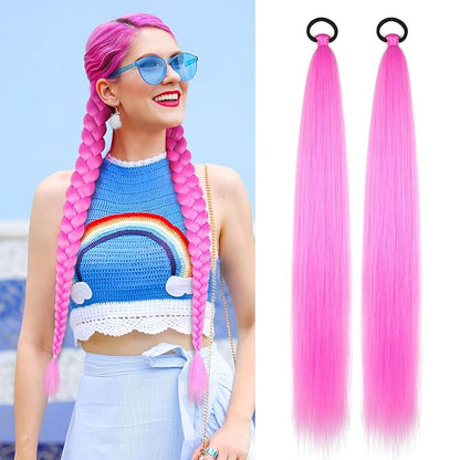 2 Pack Pink Braid Ponytail Extension with Elastic Tie Straight Sleek Wrap Around Braid Ponytail 26 Inch (Rose Pink#)