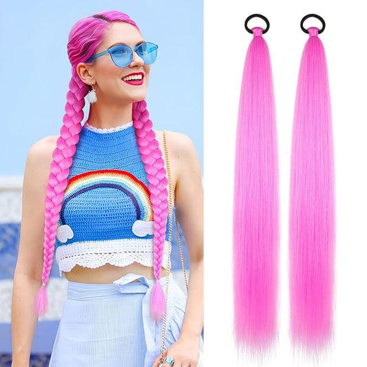 2 Pack Pink Braid Ponytail Extension with Elastic Tie Straight Sleek Wrap Around Braid Ponytail 26 Inch (Rose Pink#)