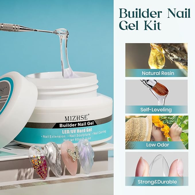 MIZHSE Builder Gel For Nails - 60g Clear Hard Gel For Extension, Strengthen, Art Manicure Kit With 100pcs Forms And Brush