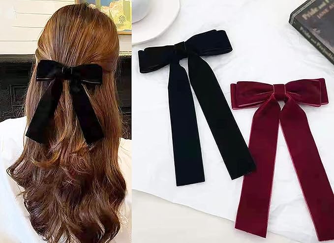 2 Pcs Velvet Hair Ties, Bows for Women, Back to School Gifts Headdress Decor, Hair Band Set, Baby Teen Girl Stuff Hair Styling Accessories, Toddler Girl Cute Hair Clips, Red and Black