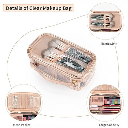 OCHEAL Clear Makeup Bag, Portable Makeup Storage Organizer Cosmetic Bag, Travel Makeup Bag Cute Clear Pouch For Women and Girls Cosmetics Bags with Divider Makeup Brush Compartment-Rose Gold