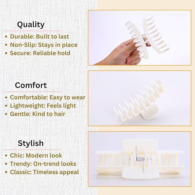 White Hair Clips for Women - 8 Pack 4.3 Inch Large Hair Claw Clips for Women Thin Thick Curly Hair, Big Matte Banana Clips,Strong Hold jaw clips