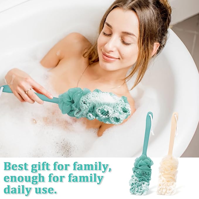 2Pack Back Scrubber for Shower Loofah with Long Handle, Shower Brush for Body, 17″ Loofah on a Stick for Men Women Bathing Accessories, Scrubber Sponge for Exfoliating Bath Brushes (Beige & Green)
