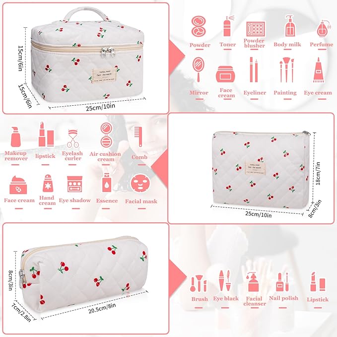 3PC Makeup Bag Set, Quilted Makeup Bag, Large Floral Cosmetic Bag for Women, Cute Cotton Makeup Bags, Flower Travel Toiletry Organizer Bag (Large Cherry)
