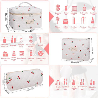 3PC Makeup Bag Set, Quilted Makeup Bag, Large Floral Cosmetic Bag for Women, Cute Cotton Makeup Bags, Flower Travel Toiletry Organizer Bag (Large Cherry)