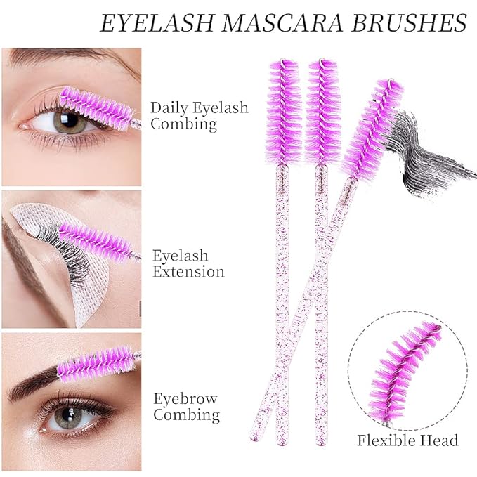 300 PCS Eyelash Extension Supplies Kit Disposable Micro Swab Brush Eyebrow Spoolies Lip Stick Brush Mascara Wand Applicator Makeup Brush Tool (Purple Sets)