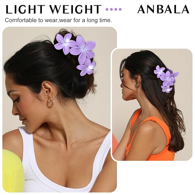 ANBALA Hair Clip, 4PCS Flower Design Plumeria Hair Clips, Large Non-Slip Strong Hold Claw Clips for Thick Hair, Beach Hair Accessories for Women Girls (Purple)