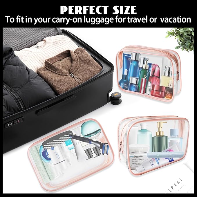 16 Piece Clear Cosmetic Bags, Large Makeup Bags, TSA Approved Toiletry Bag for Travel, PVC Waterproof Pouch with Zipper Make Up Bag for Women and Men Traveling (Pink-L)