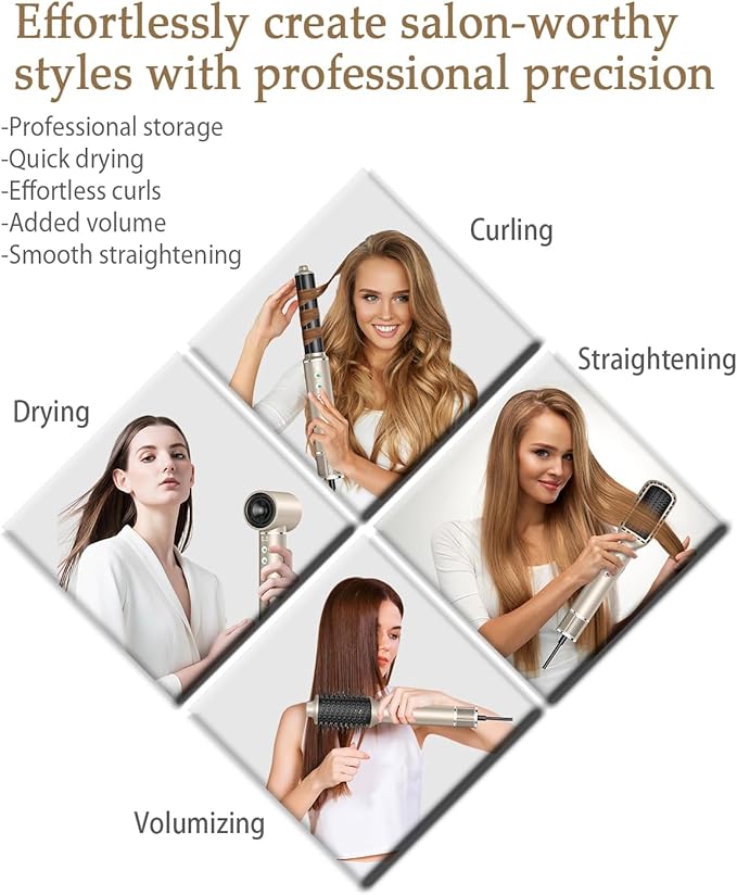 5 in 1 Hot air Blow Dryer Brush Hair Dryer Curling Wand Volumizing Brush Straightening Brush Blow Dryer Brush - Rapid Drying, Volume Boost, Ionic Smoothing, 110k RPM Motor（Champagne）