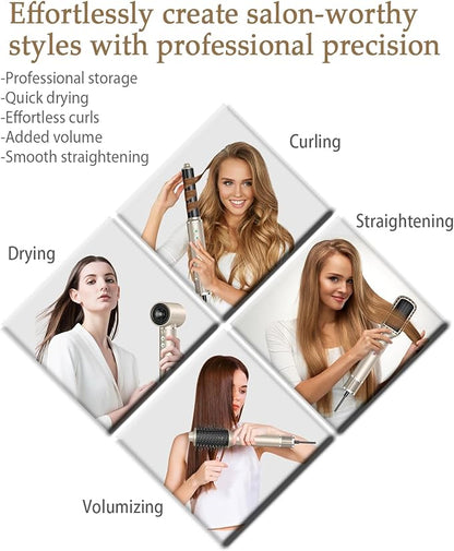 5 in 1 Hot air Blow Dryer Brush Hair Dryer Curling Wand Volumizing Brush Straightening Brush Blow Dryer Brush - Rapid Drying, Volume Boost, Ionic Smoothing, 110k RPM Motor（Champagne）