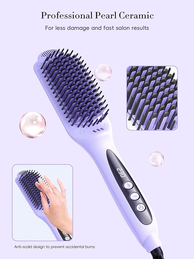 LANDOT Hair Straightener Brush Heated Straightening Brush: Negative Ion Hot Hair Brush Straightener for Smooth Frizz-Free Hair - Dual Voltage Ceramic Straightening Brush