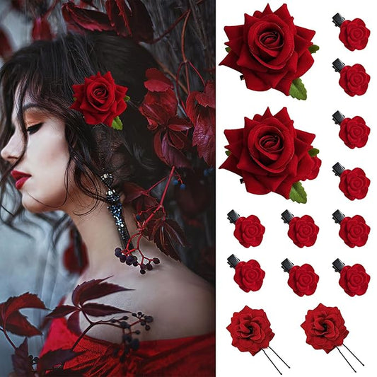 14 Pieces Halloween Rose Hair Clip U-Shape Hair Flowers Fork Clip Gothic Styling Hair Accessories for Cosplay Ghost Bridal Halloween Costume