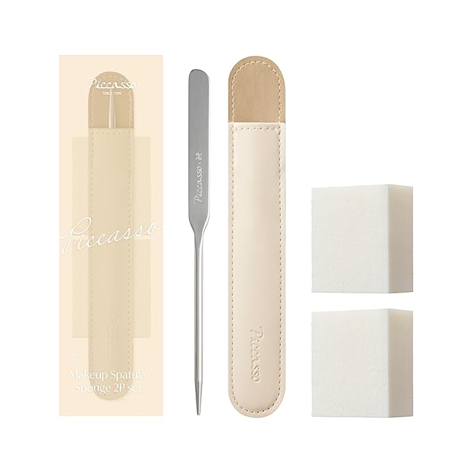 Korean Piccasso Makeup Spatula + Sponge 2P Set – Professional Makeup Tools with Precision Spatula and 2 Soft Sponges, Perfect for Blending Foundation, Makeup for a Flawless Finish, K-Beauty