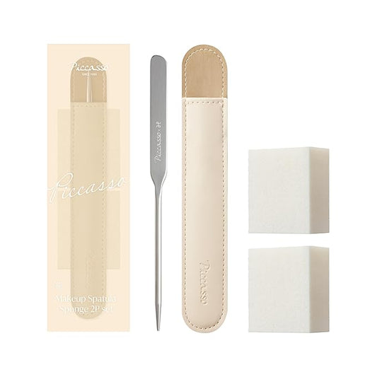 Korean Piccasso Makeup Spatula + Sponge 2P Set – Professional Makeup Tools with Precision Spatula and 2 Soft Sponges, Perfect for Blending Foundation, Makeup for a Flawless Finish, K-Beauty