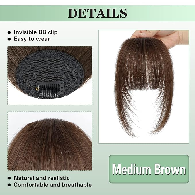 NAYOO French Bangs Hair Clip -Medium Brown 100% Real Human Hair Clip in Bangs for Women Fringe with Temples Hairpieces for Daily Wear (Medium Brown)