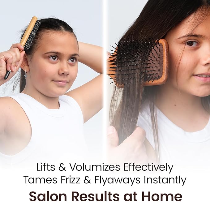 2 Packs Wooden Hand Made Detangling Paddle and Teasing Boar Bristle Hairbrush, Comfortable Gently Detangles, Reduce breakage, Pain-Tangle Free Brushing, All Wet, Dry Hair Types, Women, Men