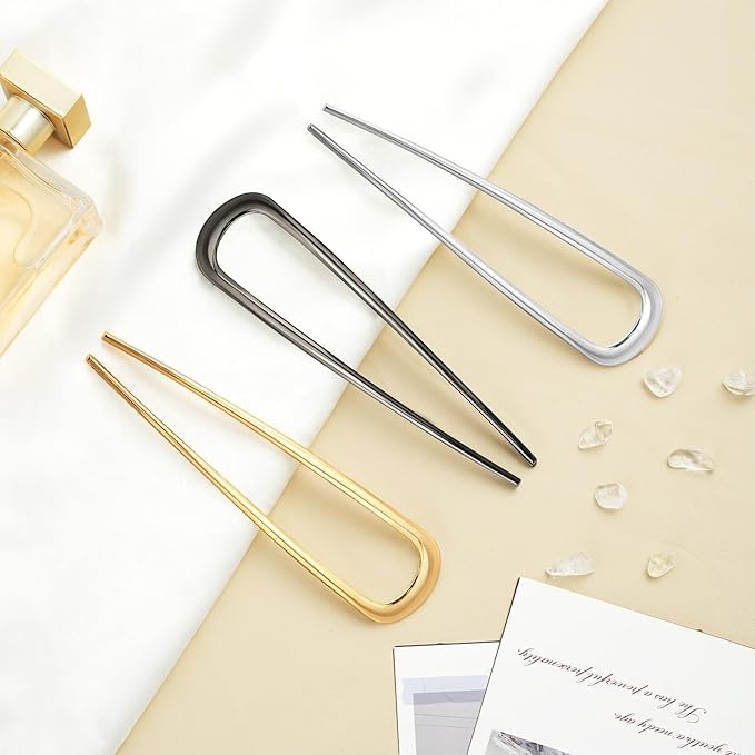 3 Pcs French Hair Pin for Women, 5.5 Inch Metal U-Shaped Hair Clip for Thick Hair, Hair Pins Suitable for Different Hairstyles (Black, Gold, Silver)