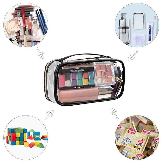 OCHEAL Clear Makeup Bag, Portable Storage Organizer Cosmetic Travel Bag Cute Pouch For Women and Girls Cosmetics Bags with Divider Brush Compartment-Transparent