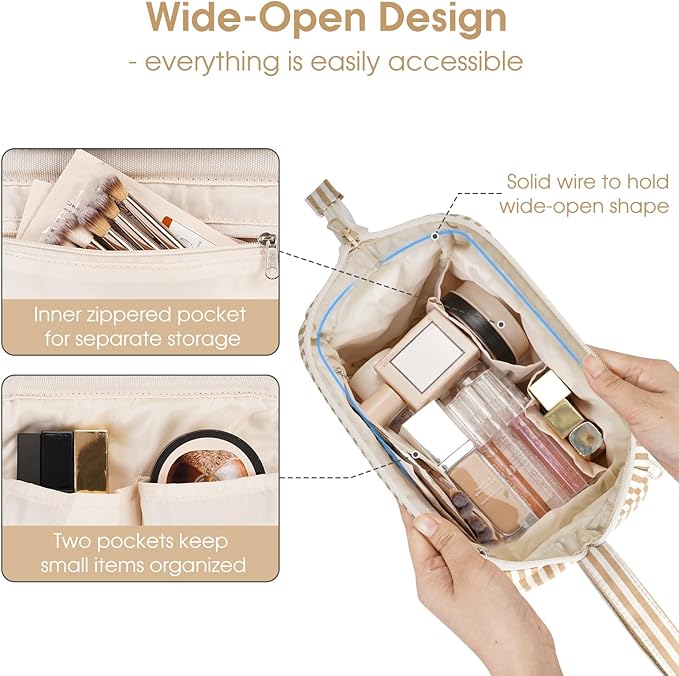 Narwey Striped Makeup Bag Women Wide-open Make up Bag Travel Cosmetic Bag Organizer Toiletry Bag for Cosmetics Toiletries Accessories (Brown Stripe)