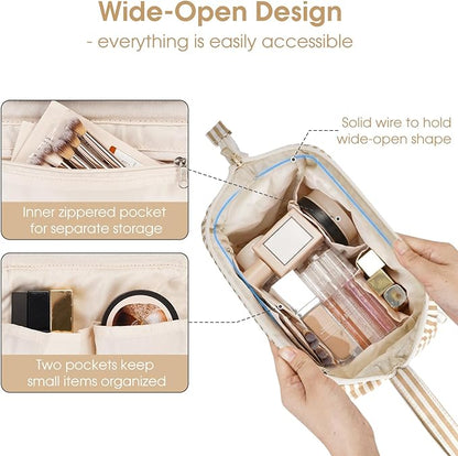 Narwey Striped Makeup Bag Women Wide-open Make up Bag Travel Cosmetic Bag Organizer Toiletry Bag for Cosmetics Toiletries Accessories (Brown Stripe)
