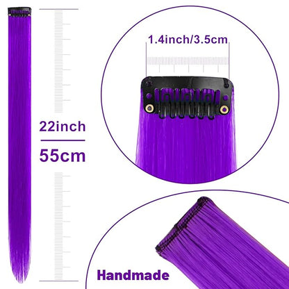 22 inch Colored Hair Extensions Straight Hairpiece, Multi-colors Party Highlights Clip in Synthetic Hair Extensions for Women Kids Girls Favor Cosplay Gift (10pcs Purple)