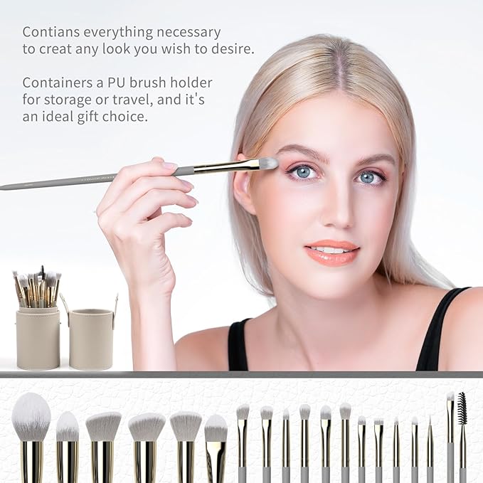 18pcs Makeup Brush Set with Case Dense Synthetic Fiber Premium Metal Ferrule Wood Handle Brushes Includes Powder Foundation Blush Eyeshadow Kit Professional Make up Tools for Women(Grey)