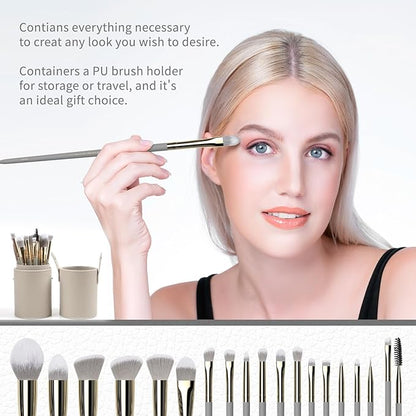 18pcs Makeup Brush Set with Case Dense Synthetic Fiber Premium Metal Ferrule Wood Handle Brushes Includes Powder Foundation Blush Eyeshadow Kit Professional Make up Tools for Women(Grey)