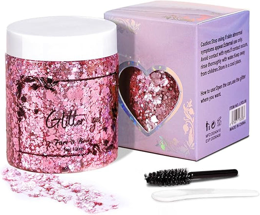 DAGEDA Pink Body Glitter, 100ml Chunky Glitter Rave Accessories for Festival, Face Glitter for Mermaid Makeup, Holographic Hair Glitter for Rave Party Large Capacity Glitter with Tools