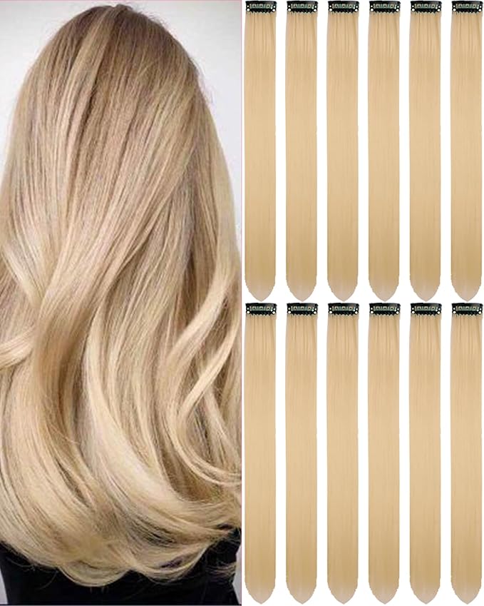 12 PCS Blonde Hair Extensions Clip in for Kids, 20 Inch Colored Party Synthetic Neon Highlights Extensions, Rainbow Hair Accessories for Girls Women Hair Pieces