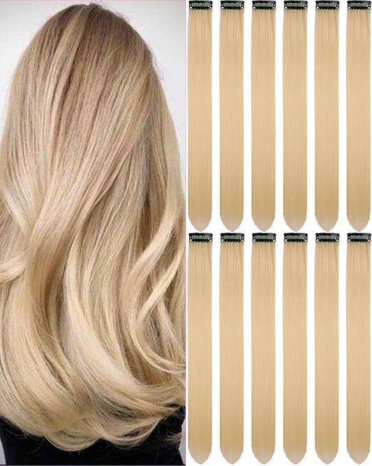 12 PCS Blonde Hair Extensions Clip in for Kids, 20 Inch Colored Party Synthetic Neon Highlights Extensions, Rainbow Hair Accessories for Girls Women Hair Pieces