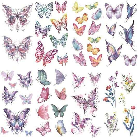 8 Sheets Butterfly Temporary Tattoos Colorful 3D Butterfly Flower Tattoos Butterfly Face Tattoos Waterproof Butterfly Stickers for Women Girls Face Eye Body Decoration Makeup Supplies