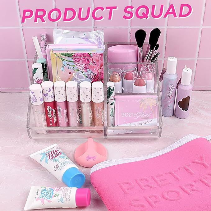 Petite N Pretty Glitter Makeup Set - Shimmering for Eyes, Cheeks, and Body - Glow Up Stick & All-Over Glitter in Pink Sherpa Bag for Kids, Teens, and Tweens (Pink)