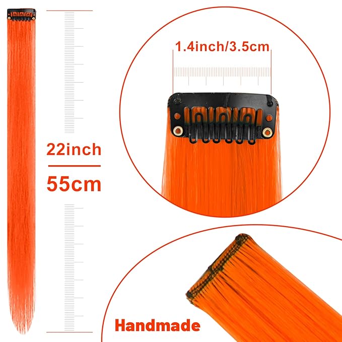 22 inch Colored Hair Extensions, Multi-colors Party Highlights Clip in Synthetic Hairpiece for Halloween Girl Women Kids Party Gift(10 PCS Orange)