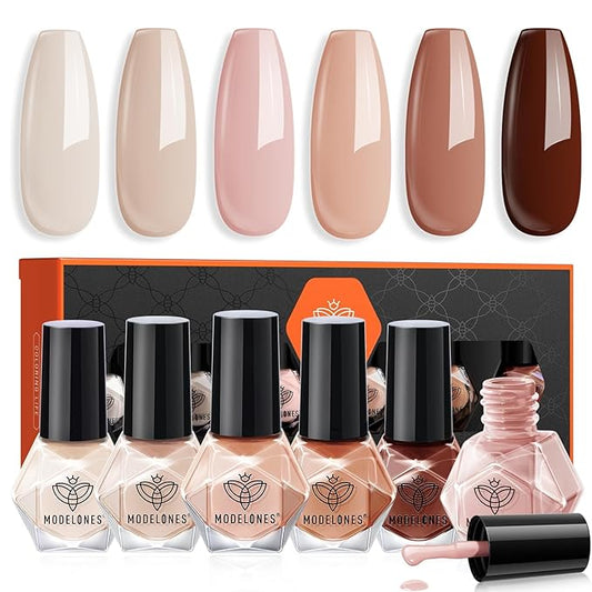 Modelones Nail Polish Set, 6 Colors Nude Pink Skin Tones Milky White Brown Mini Nail Polish Neutral Brown Quick Dry Nail Polish Kit All Seasons Easter Manicure DIY Salon Home Gifts for Women Girl