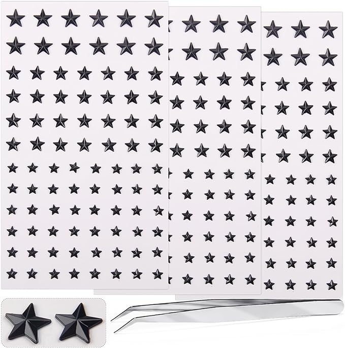 264Pcs Star Face Gems Eye Gems, Self-Adhesive Face Jewels Rhinestones 5/7/10 mm DIY Face Gems Stick on, Patriotic Makeup Gems Rave Accessories for Face Eyes Hair Makeup Body, Crafts (Black-Star)
