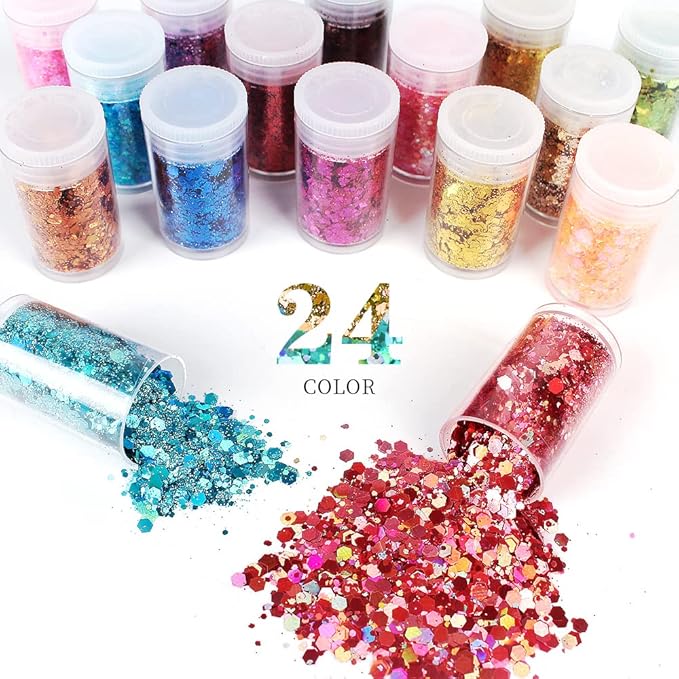 24 Color Sequins & Fine Glitter Mix - Holographic Glitter Flakes for Face, Body, Eye, Hair & Nail Art