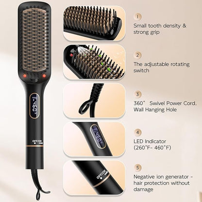Nicebay Straightener Brush, Rotatable Temperature Adjustment Hair Straightening Brush, Auto-Off & Led Display Hair Straightener Comb for Women