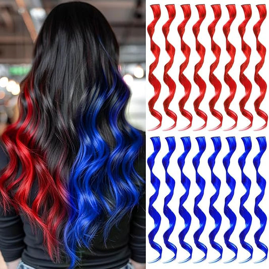 16 Pcs Colored Hair Extensions Curly Wavy Clip in Synthetic Hair Extensions,Colorful Party Highlights Hairpiece Streak for Girls Women Kids (Red Blue)