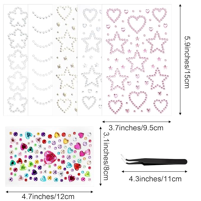 6 Sheets Face Gem Stickers Bling Heart Sticker With Tweezer Self-Adhesive Rhinestone Jewel Stickers Assorted Shapes Eye Jewels DIY Face Gems Stick on Hair Accessories For Girls for Makeup Body Crafts