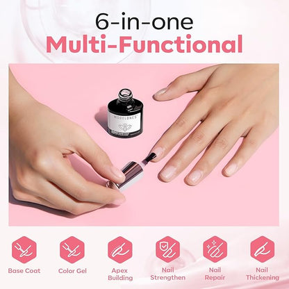 modelones Builder Gel for Nails, Jelly Pink 6 in One Nude Rubber Base Coat Strengthen Apex Building Extension Long Last Protect Soak Off Color Base Gel Manicure for Fragile Nails Art DIY Home Top Coat