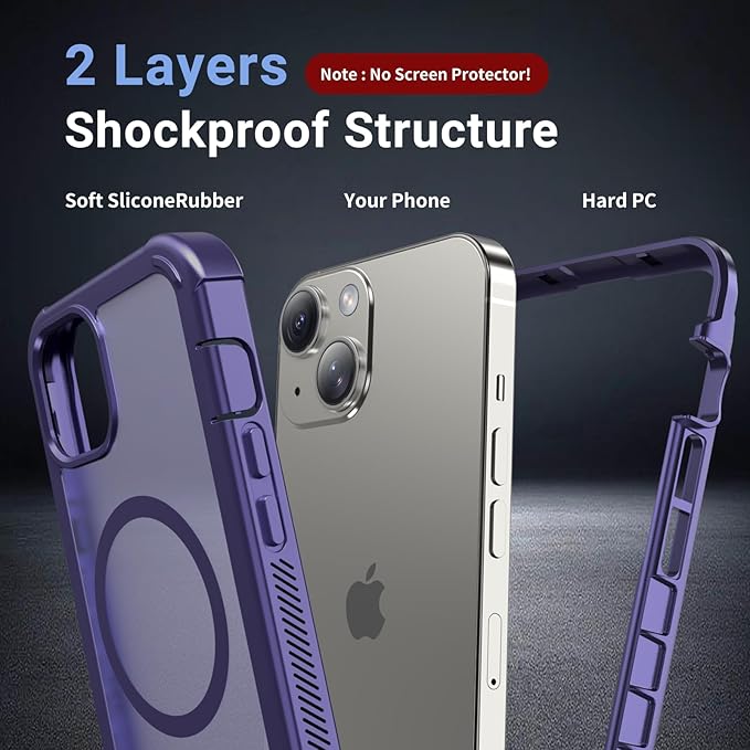 for iPhone 13 case, with [Compatible with MagSafe][Military Grade Drop Protection][Heavy Duty Protection][Non-Slip][Shockproof] with 2-Layer Durable Bumper Phone Case 6.1''-Dark Purple