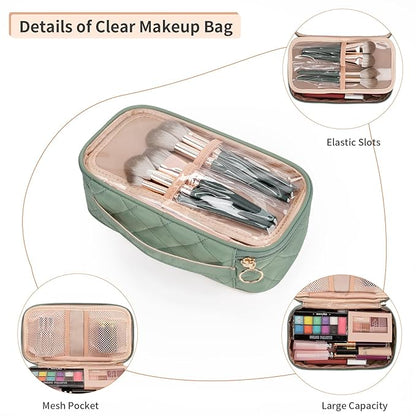 OCHEAL Clear Makeup Bag, Portable Storage Organizer Cosmetic Travel Bag Cute Pouch For Women and Girls Cosmetics Bags with Divider Brush Compartment-Green Rhombic b03_Green Rhombic