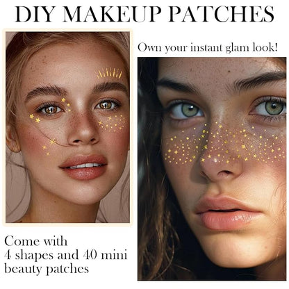 20 Pcs Gold Face Makeup Patches, Glitter Freckles Face Tattoo, Glitter Freckles, Sparkle Makeup Patches, Waterproof Face Glitter Freckles Patches for Women (Gold)