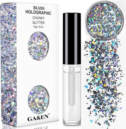 Silver Holographic Chunky Glitter Cosmetic Body Hair Face Eye Nail for Festival Carnival Concert Party Beauty Rave Accessories Different Sizes&Shapes 2 Pots 14g/0.5oz+ Quick Dry Primer Glue Gel
