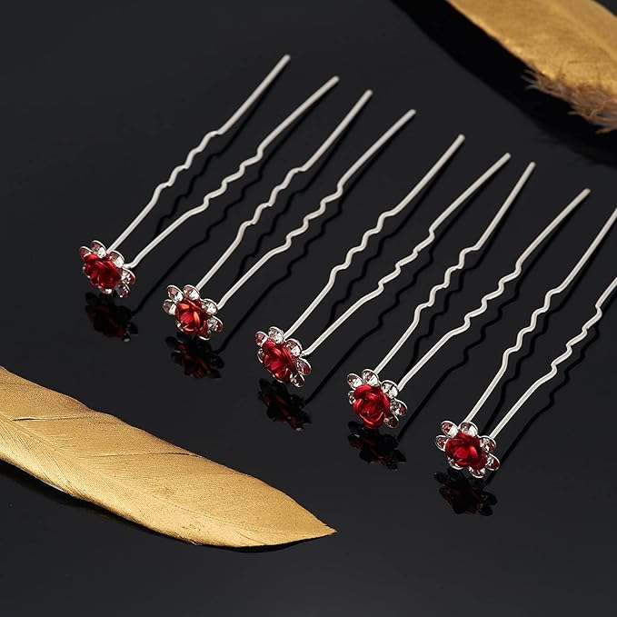 20 Pack (Red) Crystal Hair Pins Rose Flower Rhinestone Hair Clips for Bridal Wedding Women Hair Jewelry Accessories, with Clear Container