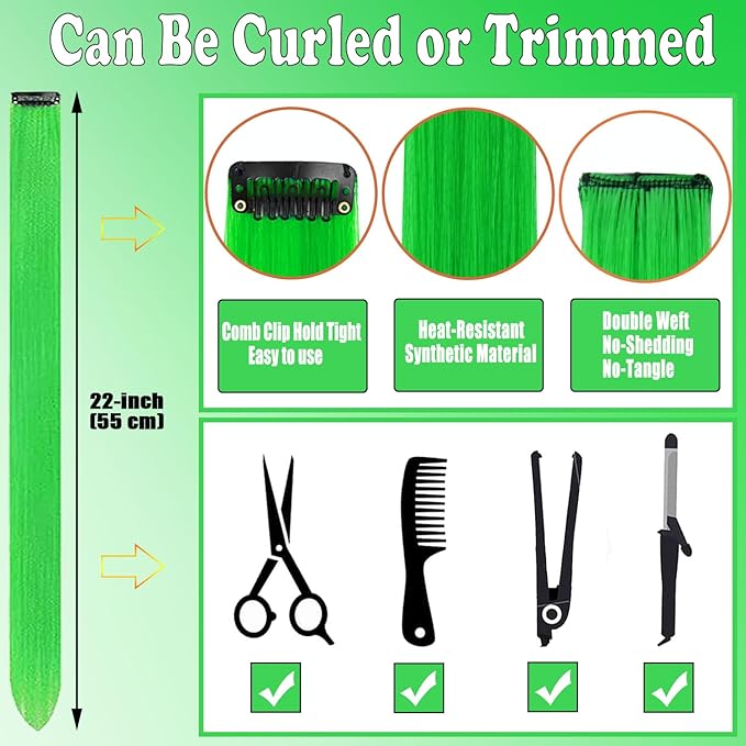 12 PCS Green Hair Extensions Clip in, 22 Inch Colored Hair Accessories Party Highlights Long Straight Synthetic Hairpieces for Women Kids Girls